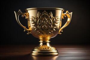 Golden trophy cup on dark background. photo