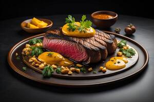 Grilled beef fillet with sauce and nuts on a black background. generative ai photo