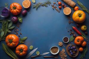 Healthy food background with vegetables, fruits and spices on blue background. generative ai photo