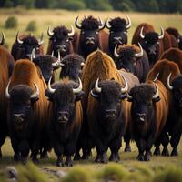 grupo de bisonte en el prado, de cerca. generativo ai foto