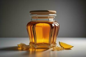 a jar of honey with a lemon slice on the table photo