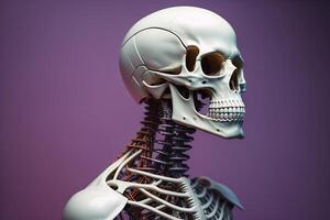 Human skeleton model on purple background. photo