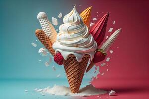 Ice cream cone with flying ice creams on blue background. photo