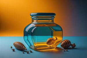 Honey in a glass jar on a blue background. photo