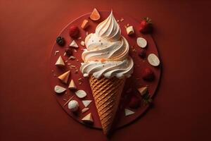 Ice cream cone with strawberry and orange on red background, top view. generative ai photo