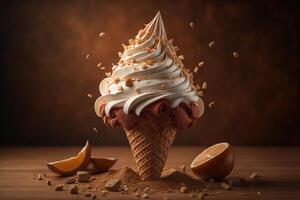 Ice cream in waffle cone with whipped cream and orange slices on wooden background. generative ai photo