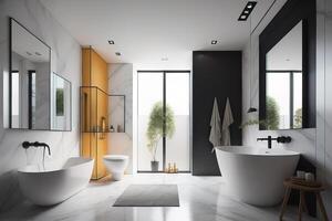 Interior of modern bathroom with white and orange walls, concrete floor, comfortable white bathtub and double sink standing near the window. photo
