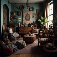 Interior of living room with vintage furniture, armchair, coffee table, sofa, pillows, plants and other items. generative ai photo