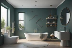 Interior of modern bathroom with green walls, wooden floor, comfortable white bathtub standing near round mirror and shelves with towels. photo