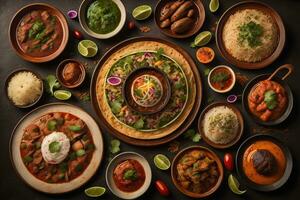 Indian food in group includes Chicken tikka masala, aloo tikka, aloo tikka, kachori, generative ai photo