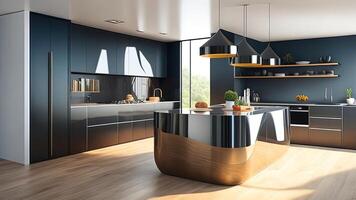 Interior of modern kitchen with gray and wooden walls, wooden floor, white countertops and black cupboards. photo