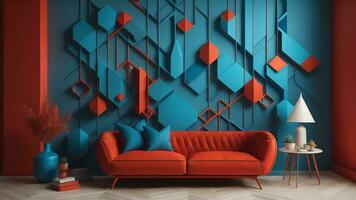 Interior of modern living room with red sofa and blue wall. generative ai photo