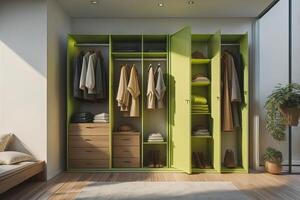 Interior of modern living room with green walls, wooden floor, wooden wardrobe with clothes hanging on it. generative ai photo