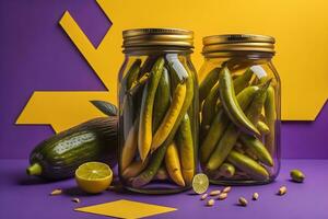 Jars of pickled vegetables on a purple background. Vegetables in jars. generative ai photo