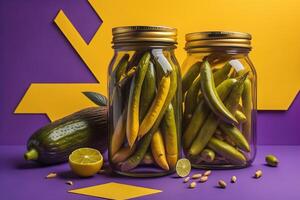 Jars of pickled vegetables on a purple background. Vegetables in jars. photo