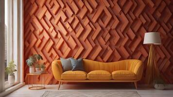 Interior of modern living room with yellow sofa and orange wall. generative ai photo