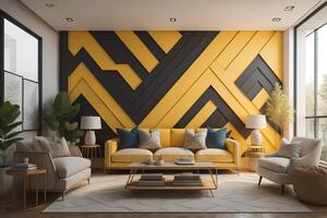 Interior of modern living room with yellow and black walls, wooden floor, comfortable sofa and armchairs. photo