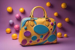 Ladies handbag on purple background with colorful balloons. photo