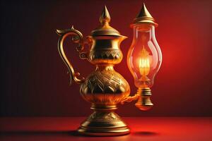 Lantern with oil lamp on red background. generative ai photo