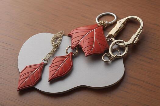 Leaf shaped keychain on wooden background. photo