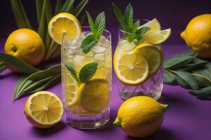 Lemonade with lemon and mint in a glass on a purple background. generative ai photo