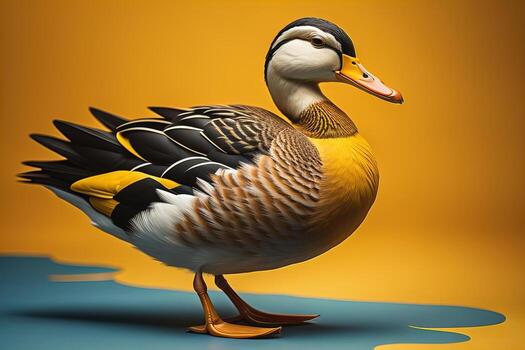 Mallard duck on yellow background. photo