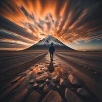 Man with backpack standing on the beach. photo