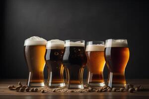 five different types of beer in glasses on a table photo