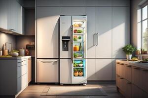 Modern kitchen interior with fridge. photo