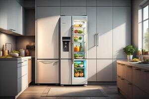 Modern kitchen interior with fridge. generative ai photo