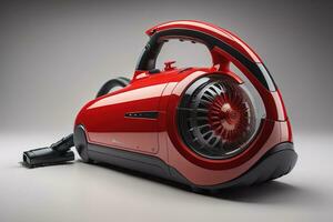Modern red vacuum cleaner on gray background. generative ai photo