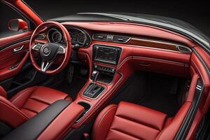 Modern luxury car interior with red leather seats, steering wheel and dashboard. generative ai photo