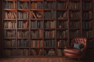 Old bookshelf with books and armchair. generative ai photo