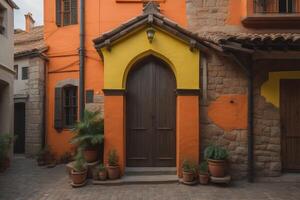 Old wooden door in front of an orange wall with cactus pots. photo