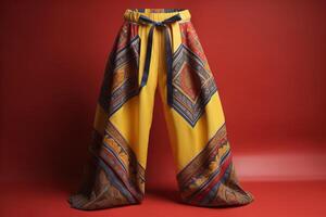 a yellow and blue printed pants with a red background photo