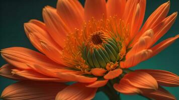 naranja gerbera flor en un verde antecedentes. de cerca. generativo ai foto