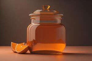 Orange jam in a jar on a brown background. photo