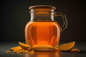 Orange juice in a glass jar on a black background. generative ai photo