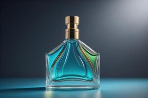 Perfume bottle on a blue background. generative ai photo