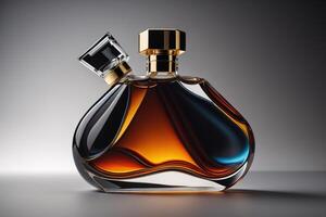 Perfume bottle on grey background. photo