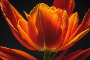 Orange tulip isolated on black background. Close-up. Studio shot. generative ai photo