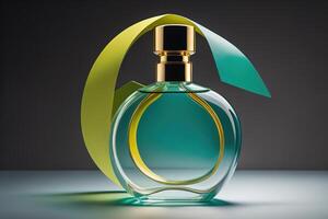 Perfume bottle with green leaf on dark background. photo