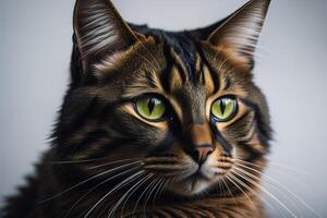 Portrait of a Maine Coon cat with green eyes on gray background. generative ai photo