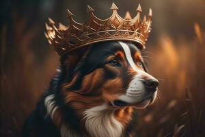retrato de un bernés montaña perro en un dorado corona. generativo ai foto