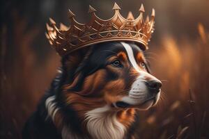 Portrait of a Bernese Mountain Dog in a Golden Crown. photo