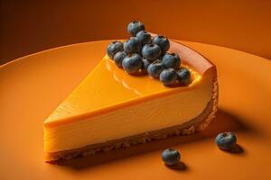 pedazo de tarta de queso con arándanos en naranja fondo, de cerca. generativo ai foto