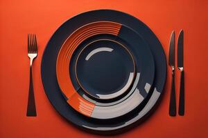 Plates and cutlery on red background. generative ai photo