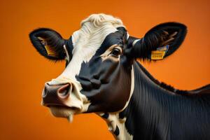 Portrait of a black and white cow on an orange background. photo