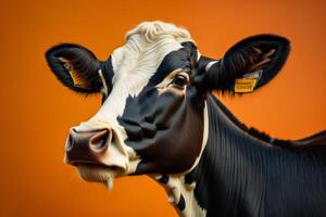 Portrait of a black and white cow on an orange background. generative ai photo