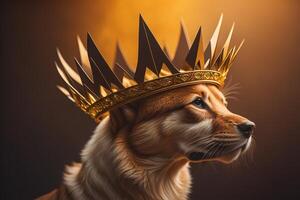 Portrait of golden dog in a crown on a dark background. photo